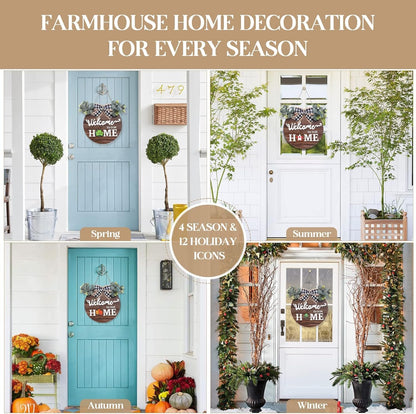 SWITTE 12 Interchangeable Seasonal Welcome Wreaths Sign Home Decor, Rustic Round Wood Wreaths Wall Hanging Outdoor, Porch, for Spring Summer Fall All Seasons Holiday Christmas Decoration (Brown)