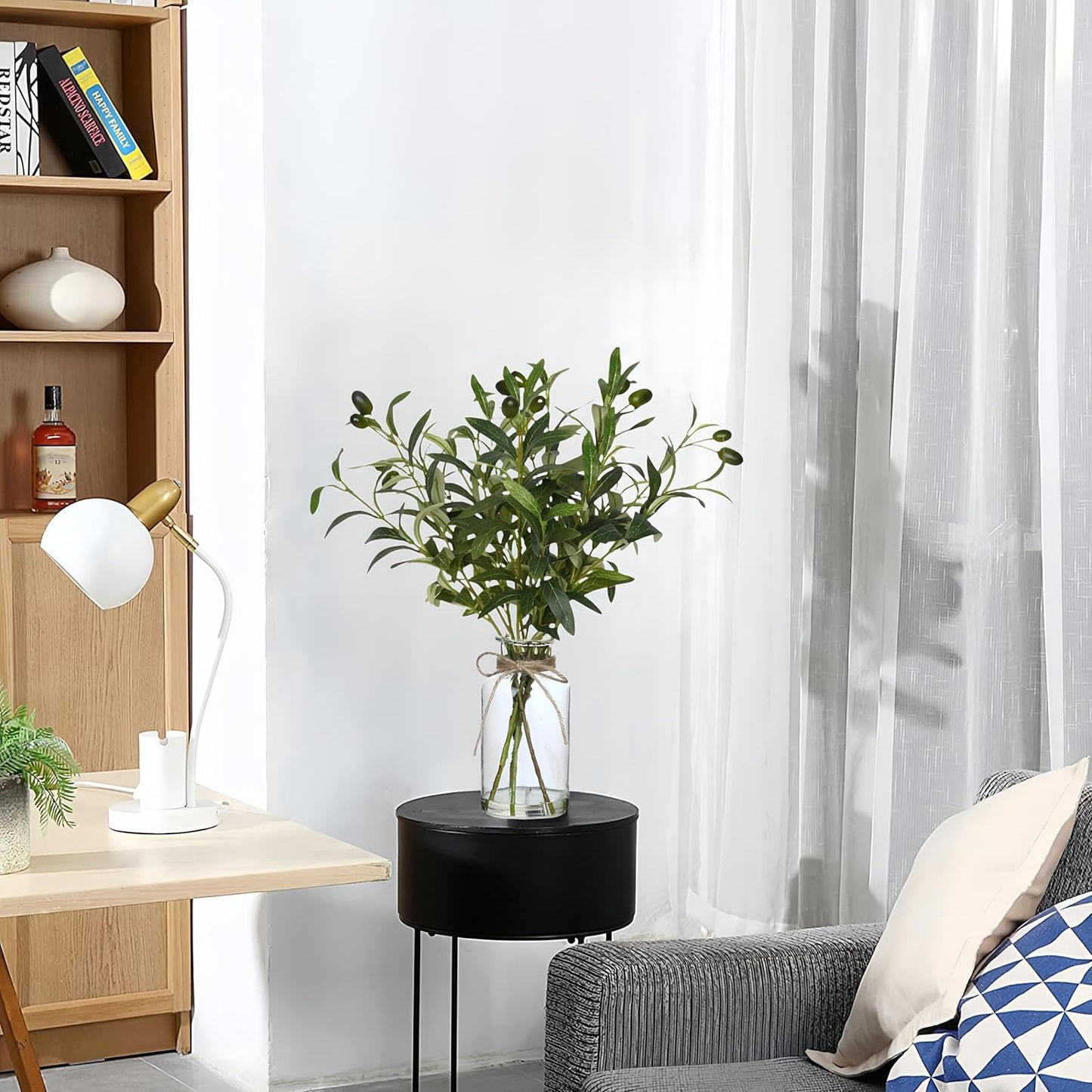 Avoik Artificial Plants Olive Branch in Glass Vase, 14.5” Fake Plant Greenery Stems with Olive Branches Faux Eucalyptus Stems for Home Office Farmhouse Wedding Table Centerpiece Décor