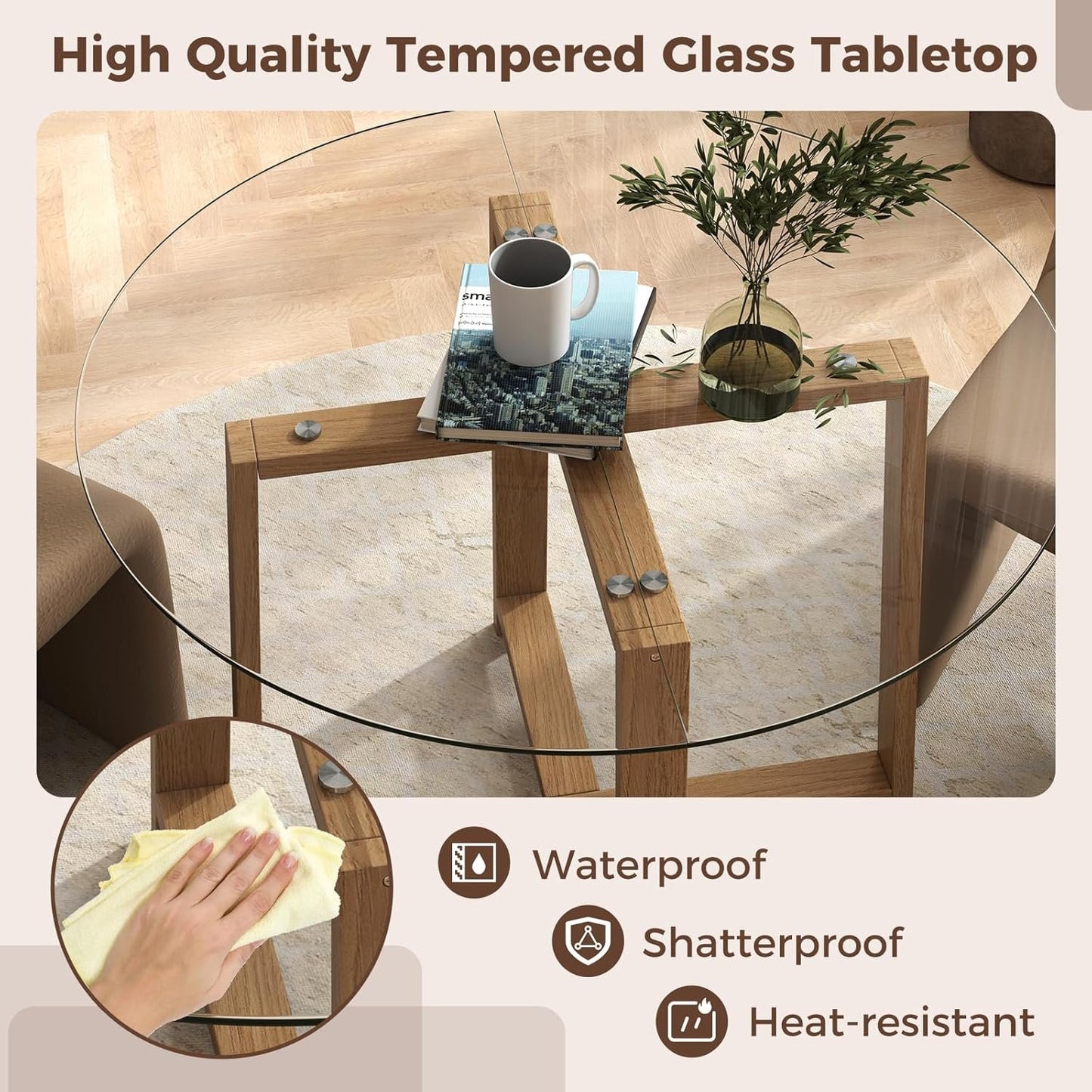 Tangkula 42" Round Glass Dining Table for 4-6, 0.3” Tempered Glass Tabletop with X-Shaped Rubber Wood Frame, Modern Kitchen Table for Home Kitchen Dining Room Breakfast Nook (Single Table)