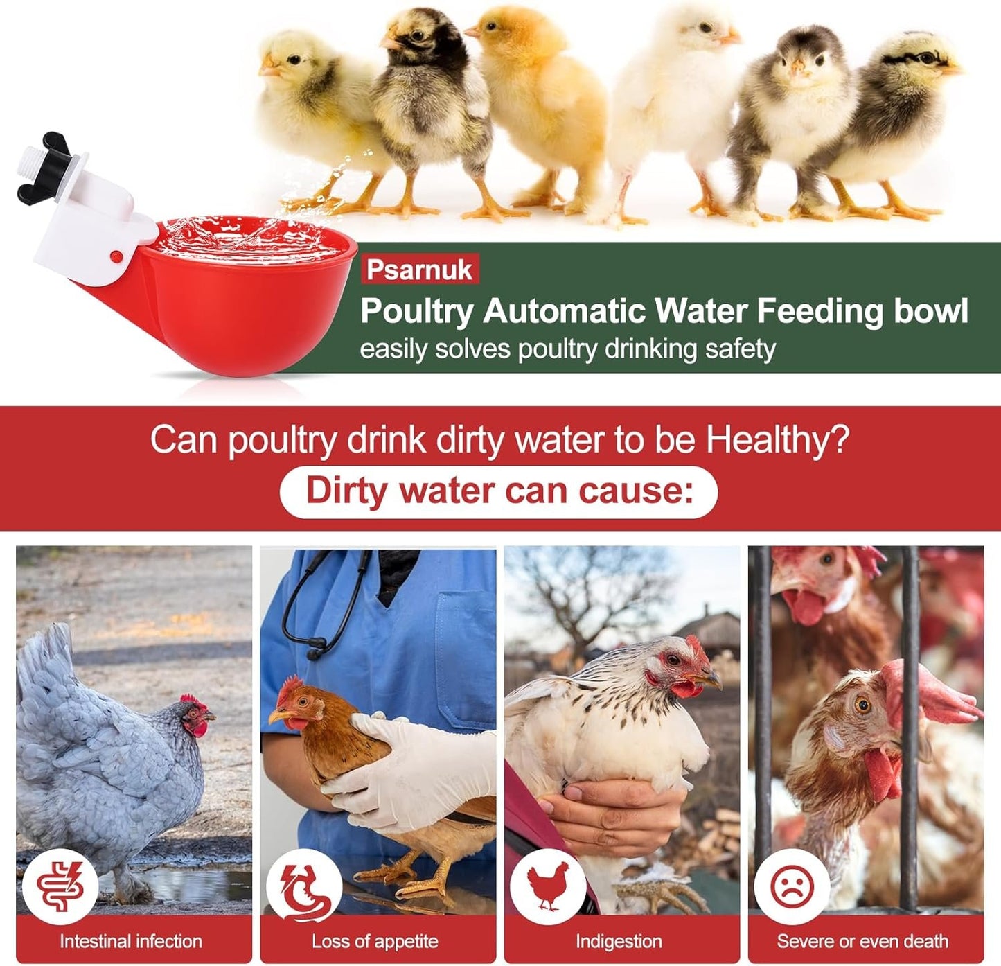 Psarnuk Chicken Waterer Cups (16 Pack/Red) - DIY Automatic Large Chicken Water Feeder for Ducks Quail and Various Poultry Dispenser with Matching Drill, Double Rubber Ring, Not Leaking Wate