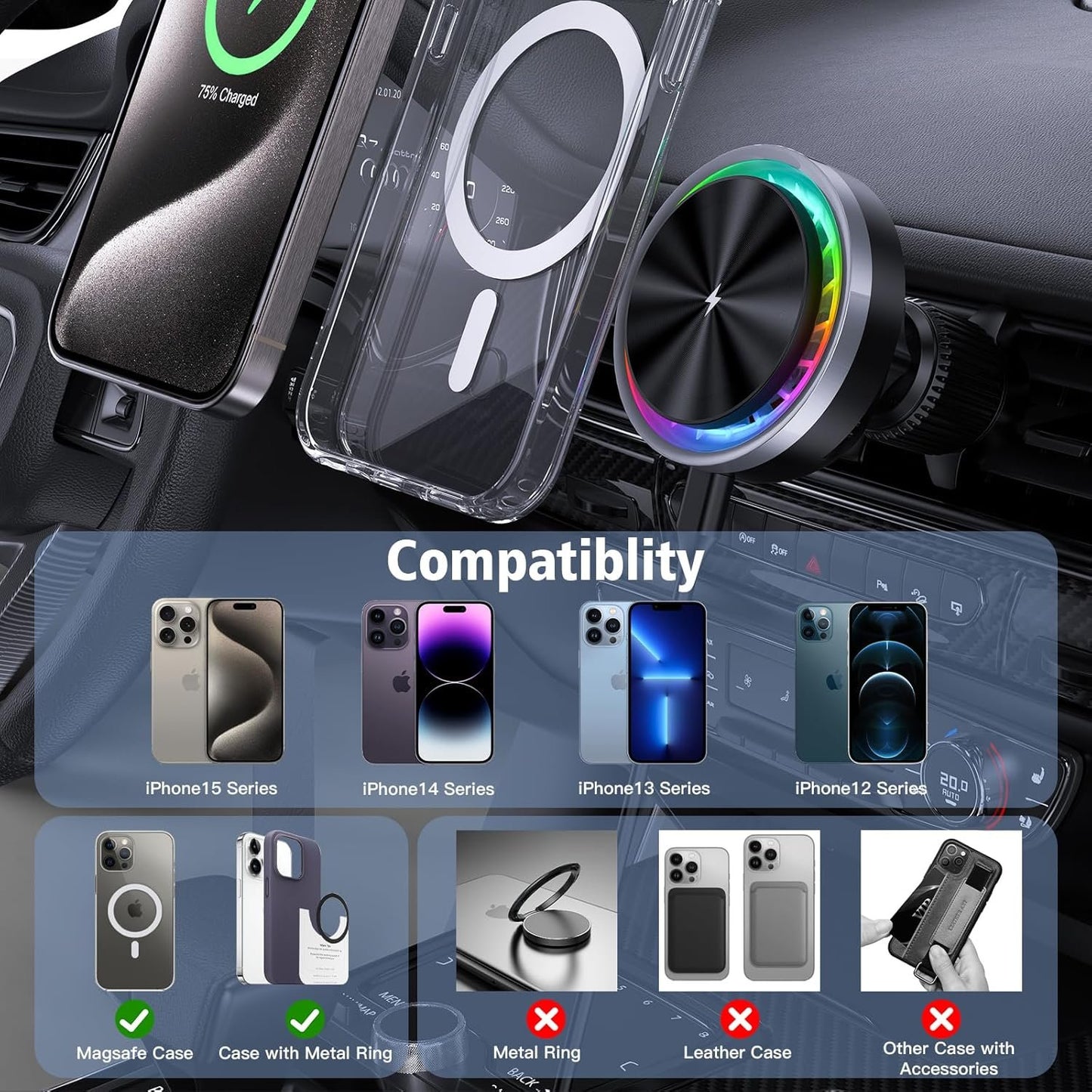Car Phone Holder Wireless Charger, 15W Magsafe Car Charger with Magnetic Wireless Cooling Fan for iPhone 15 Pro Max 14 13 12 Series (Black2)