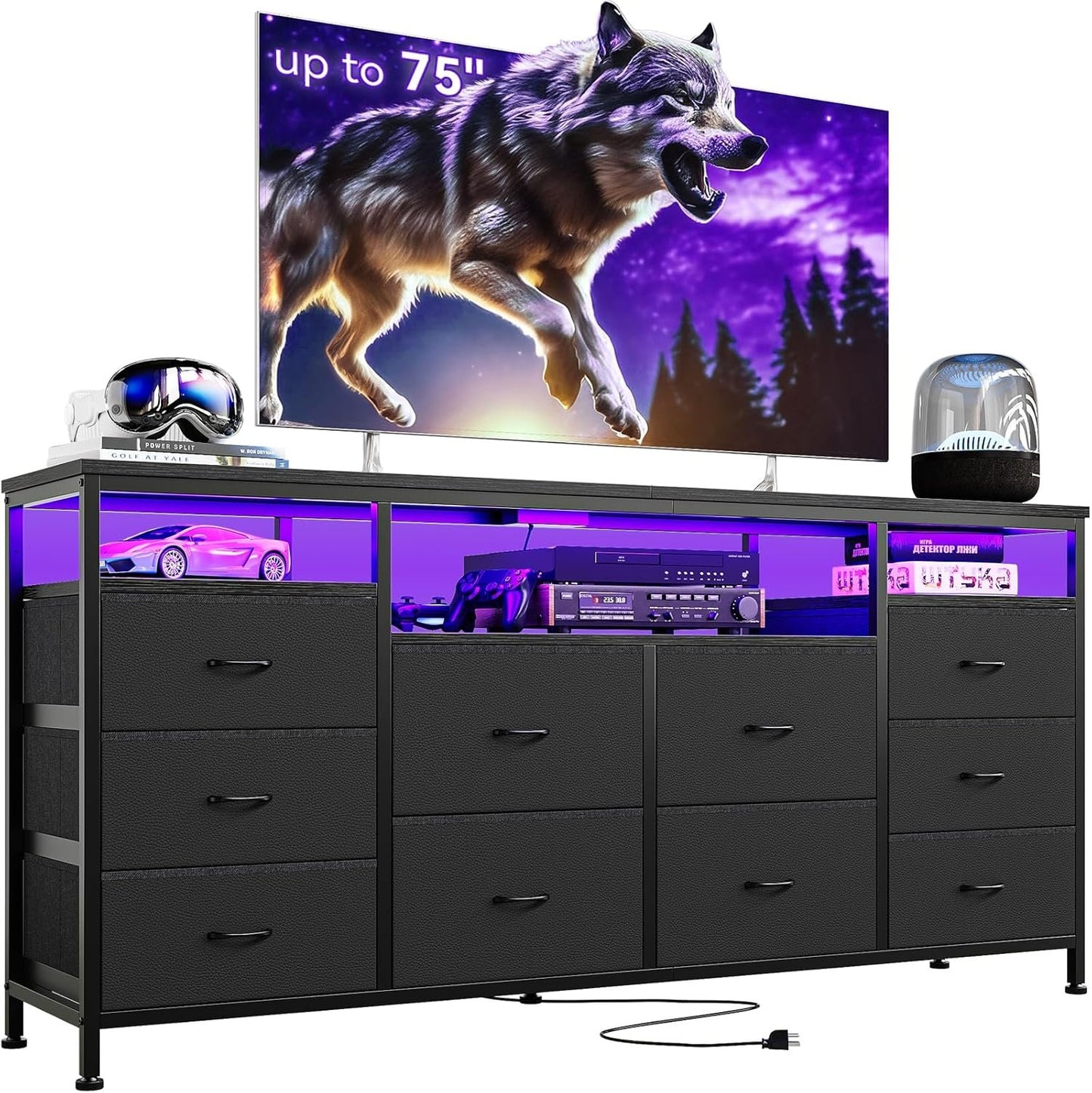 TV Stand with 10 Fabric Drawers for 65 70 75 Inches TV, 63" W Entertainment Center TV Console Table with LED Lights & Power Outlets & Open Storage Shelves
