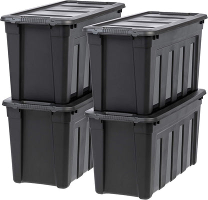IRIS USA 117.4 L Heavy Duty Totes for Storage with Easy-Grip Handles, 4 Pack, Storage Bins with Lids, Durable Stackable Utility Containers, Large Garage Organizing Tubs - Black