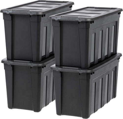 IRIS USA 117.4 L Heavy Duty Totes for Storage with Easy-Grip Handles, 4 Pack, Storage Bins with Lids, Durable Stackable Utility Containers, Large Garage Organizing Tubs - Black