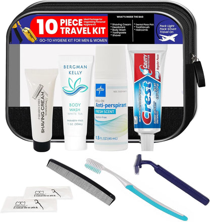 Trektote Travel Toiletry Kit For Men And Women – 10 Piece Set of Travel Size Toiletries, TSA Compliant, Includes Body Wash, Deodorant, Shaving Cream And Razor, Oral Care, Reusable Toiletry Bag & More