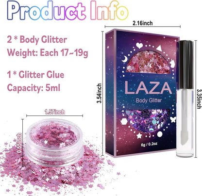 Laza Body Glitter, 2 Jars Holographic Chunky Sequins with Glitter Glue for Women Girls Eyeshadow Makeup Face Paint Festival Rave Outfits Hair Concert Accessories Carnival Party Costumes - Pink