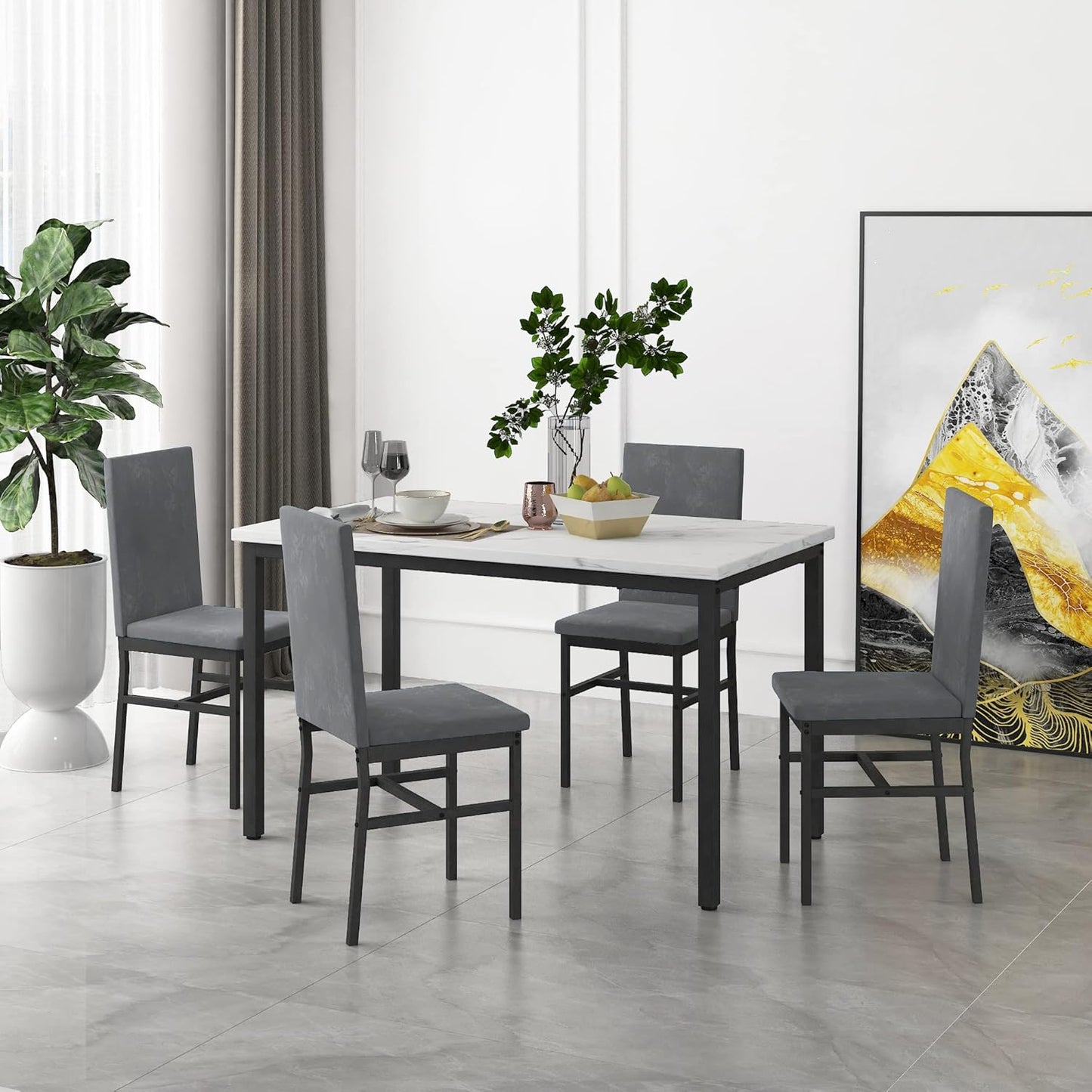 5 Piece DiningTable Set for 4, 47.2 Inch Modern Faux Marble Tabletop Dining Table Set, Kitchen Table Chairs Set with 4 Upholstered Velvet Chairs for Dining Room, Kitchen (Silver)