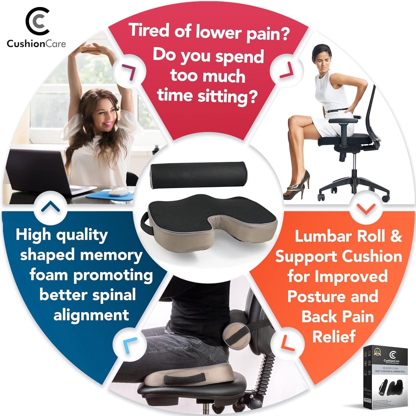 2pc Ergonomic Seat Cushion Lumbar Roll Combo for Office Chair - Pain and Pressure Relief for Lower Back, Sciatica, Coccyx, Butt, Tailbone - Memory Foam Posture Support Pillow for Desk, Car, Wheelchair