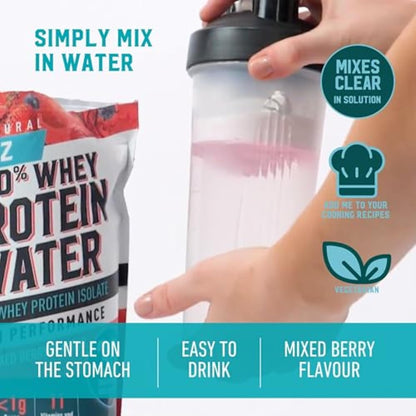 BODIE’Z Whey Protein Water Powder - 30g Protein Per Serve, Less than 1g Sugar Fat and Carbs, 11 Vitamins and Minerals, Supplement for Lean Muscle Growth and Recovery, Mix with Water, 1Kg Mixed Berry