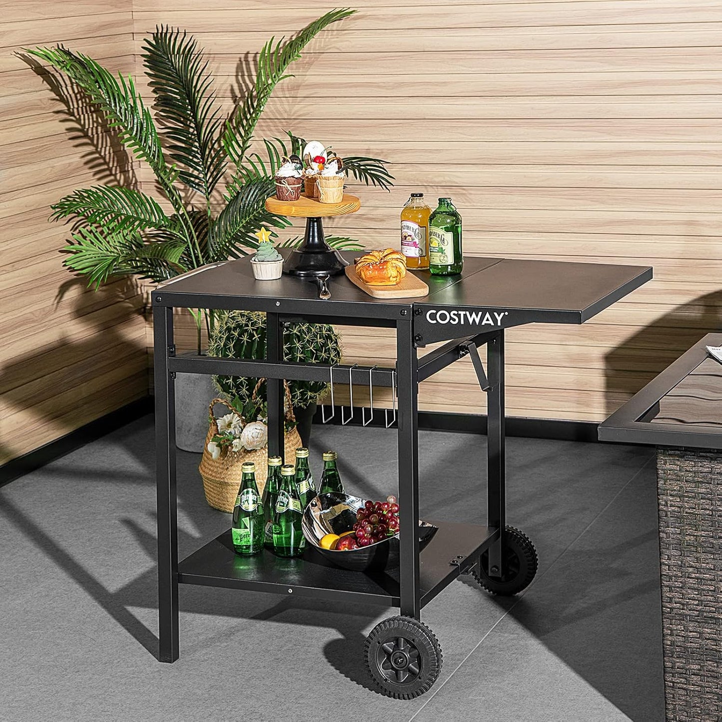 Costway Movable Dining Cart Table, Double-Shelf Trolley with Folding Tabletop, 4 Extra Hooks & 2 Directional Wheels, Outdoor Prep Cart for Pizza Oven & BBQ Grill, Worktable for Backyard, Patio, Garden