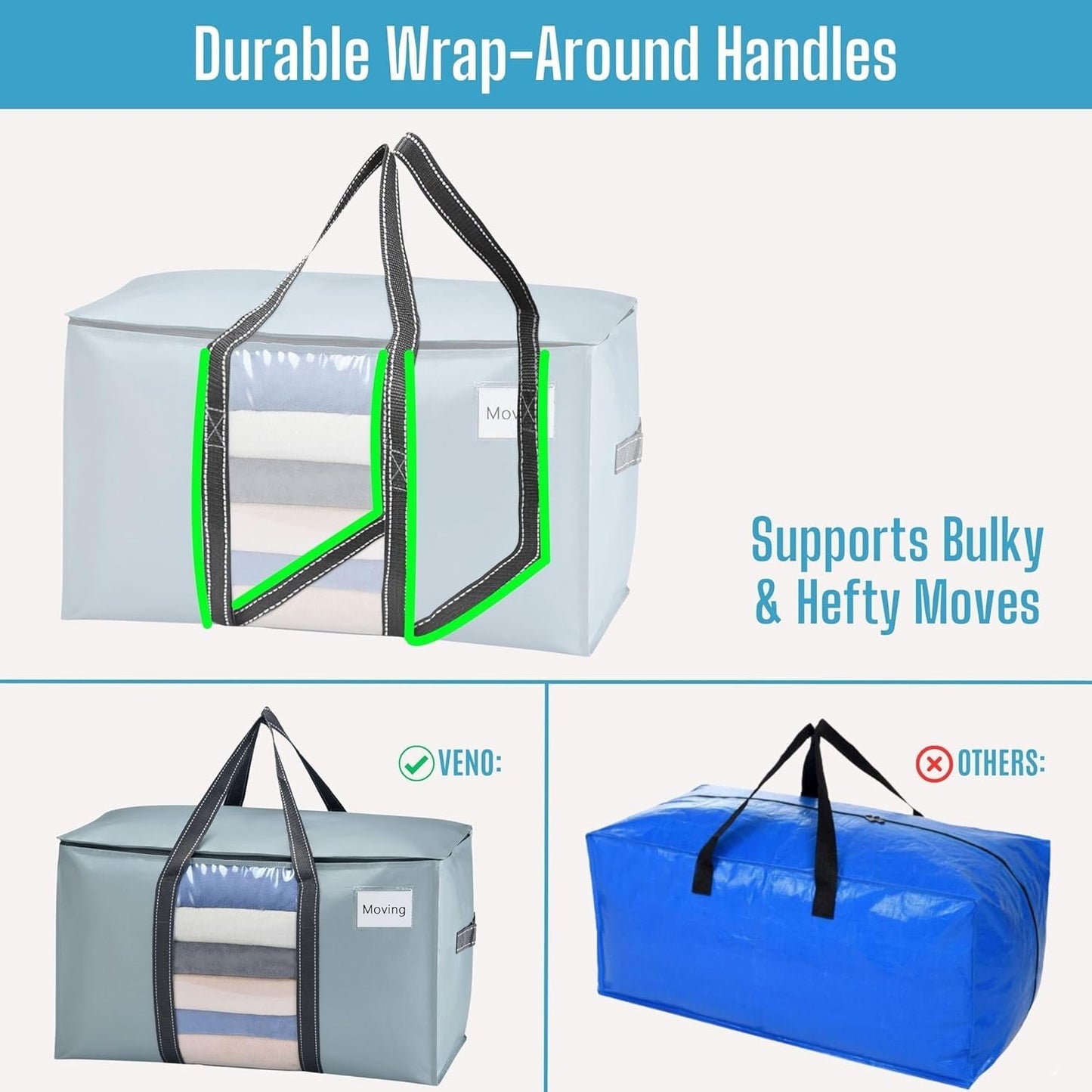 VENO Moving Bags Extra Large Heavy Duty Ornament Organizer Storage Bags with Zippers & Carrying Handles, College Dorm Packing Supplies Storage Box Tote Bags with Window (Light Blue 8 Pack)