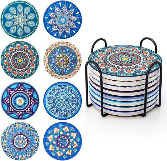 Set of 8 Absorbent Ceramic Cork Coasters with Metal Stand, Mandala Pattern for Mugs, Vases, Candles, Housewarming Gift for Birthday, Kitchen, Living Room