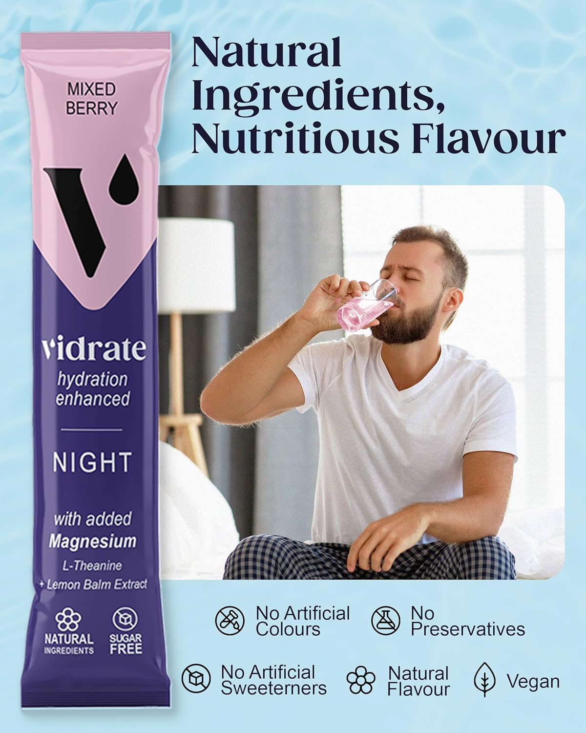 Vidrate Electrolyte Powder Hydration Sachets - Hydration Powder Packs with Vitamins - Zero Sugar, No Artificial Sweeteners or Preservatives - 8 Electrolyte Sachets, Night Time Mixed Berry