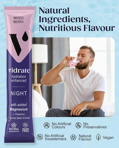 Vidrate Electrolyte Powder Hydration Sachets - Hydration Powder Packs with Vitamins - Zero Sugar, No Artificial Sweeteners or Preservatives - 8 Electrolyte Sachets, Night Time Mixed Berry