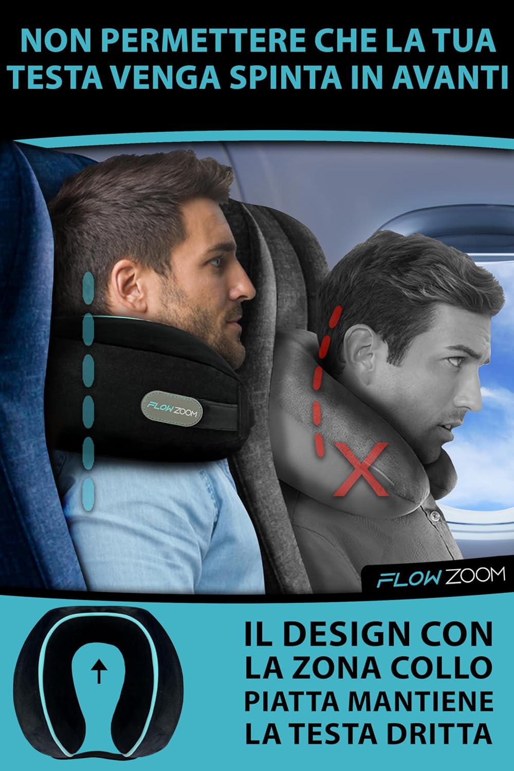 FLOWZOOM Dream Memory Foam Travel Neck Pillow - Airplane & Car Pillow, Adjustable with Raised Sides for Extra Support, Velvety Washable Lining and Mesh Bag - Black
