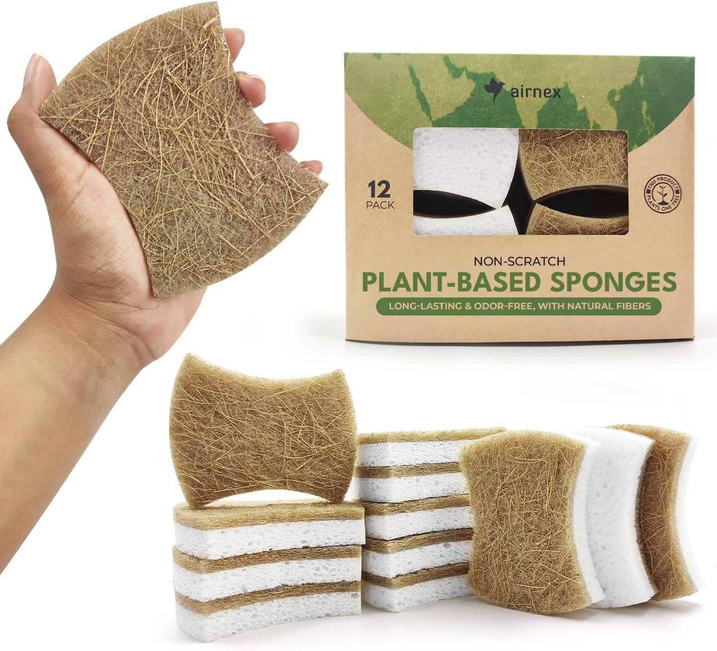 AIRNEX 12 Pack Biodegradable Natural Kitchen Sponges - Non Scratch Cellulose and Coconut Dish Sponges - Eco Friendly Sponges for Dishes with Dish Scrubber - Odourless Dual Sided Multipurpose Sponges
