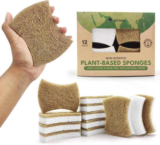 AIRNEX 12 Pack Biodegradable Natural Kitchen Sponges - Non Scratch Cellulose and Coconut Dish Sponges - Eco Friendly Sponges for Dishes with Dish Scrubber - Odourless Dual Sided Multipurpose Sponges