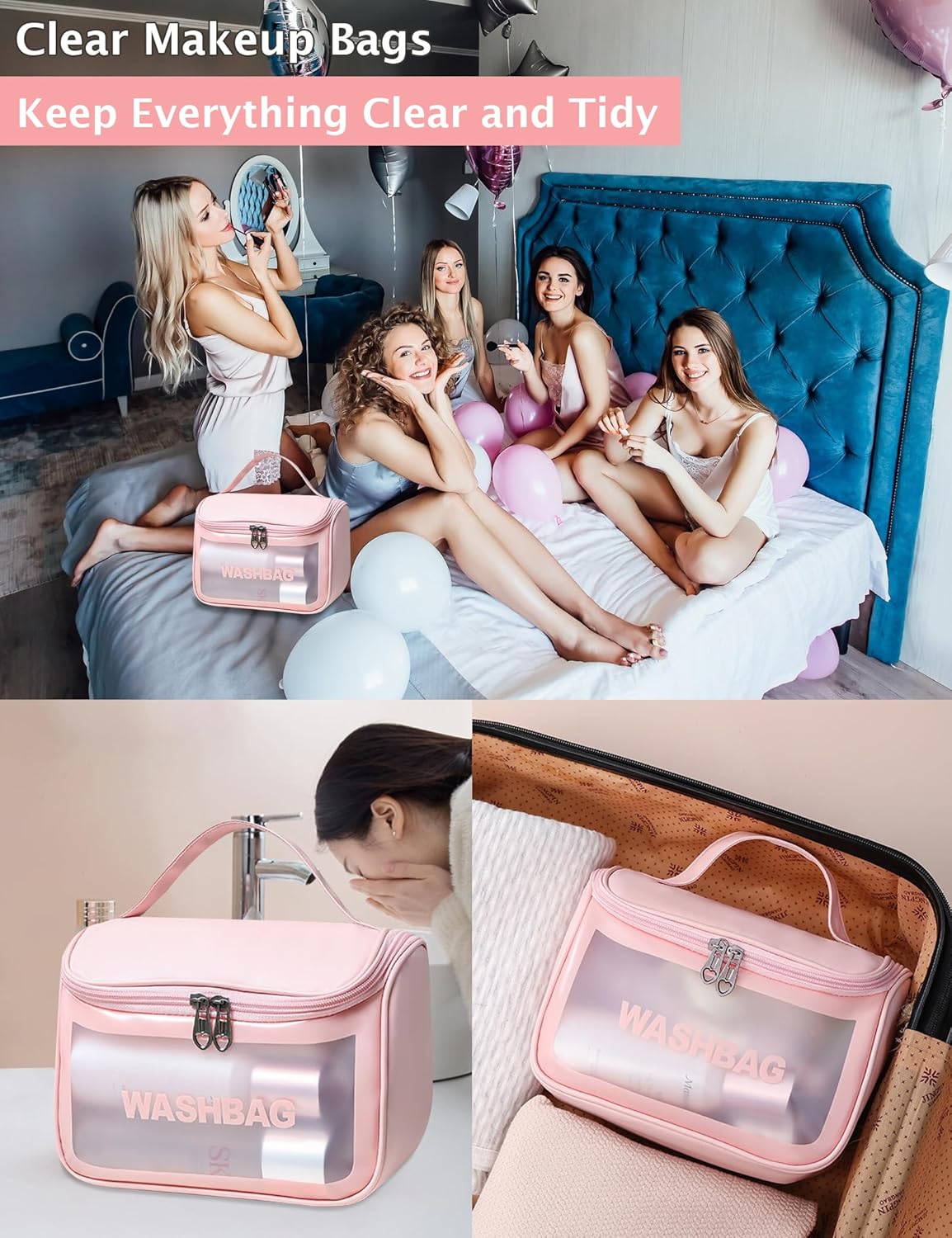 Travel Clear Makeup Bag, Portable Waterproof Cosmetic Organizer Case with Handle for Women, Essential Carry-on Travel Accessories for Toiletries and Brushes (White)