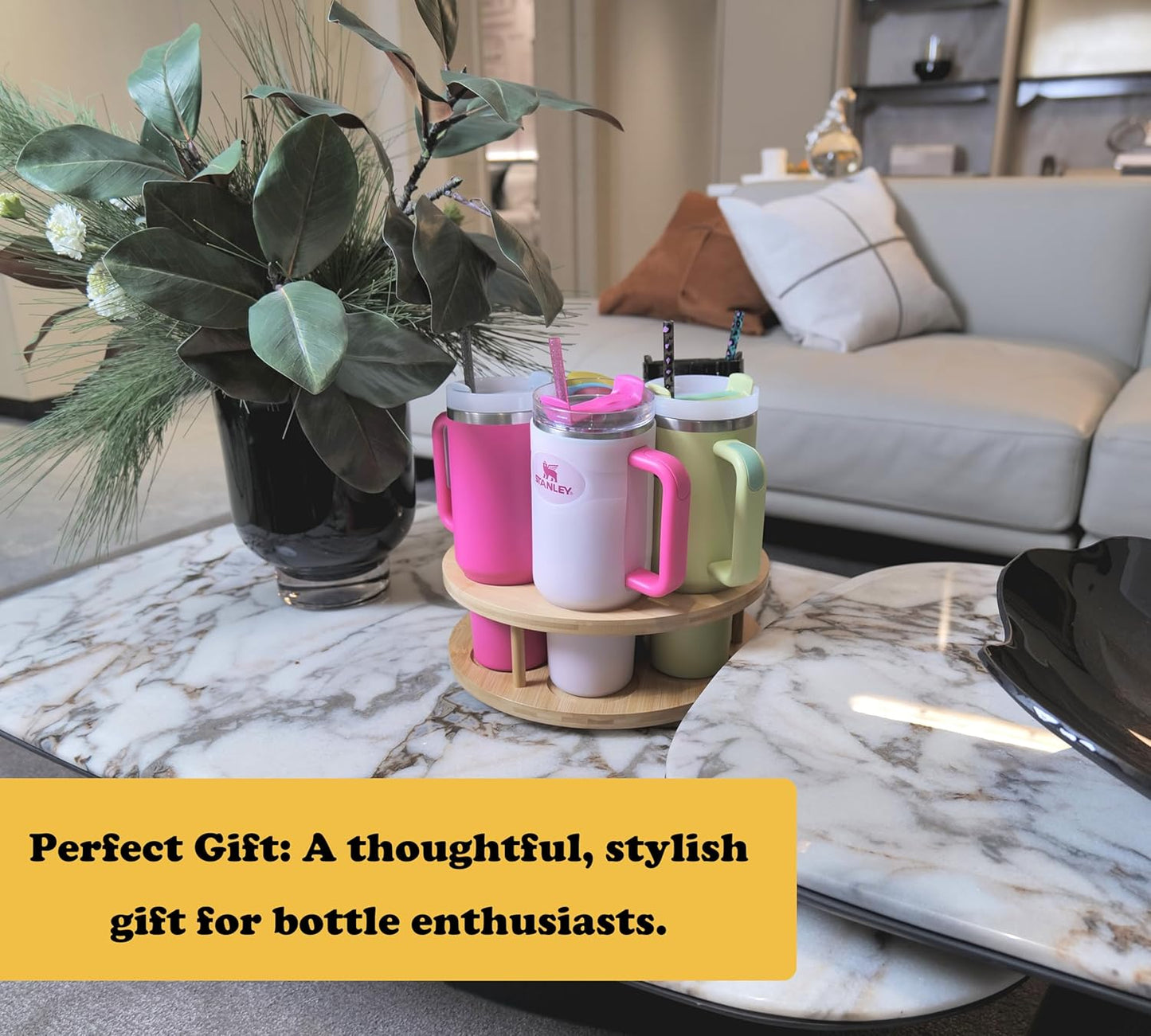 7 Slots Water Bottle Organizer for Stanley Tumbler, Rotatable Stanley Cup Organizer Holder for Kitchen Cabinets, Bamboo Wood Water Bottle Storage Rack for Stanley Cup Accessories