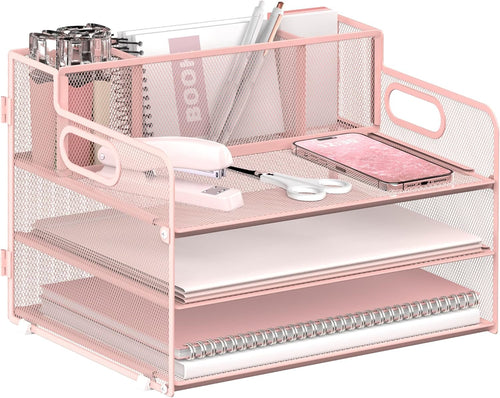 JMHUD 3-Tier Paper Letter Tray Organizer with Pen Holder, Mesh Desk Accessories & Workspace Organizers with Handle, File Sorter Office Supplies for Desk,Pink
