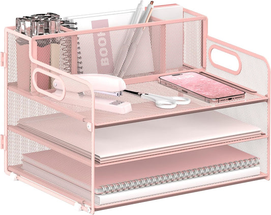JMHUD 3-Tier Paper Letter Tray Organizer with Pen Holder, Mesh Desk Accessories & Workspace Organizers with Handle, File Sorter Office Supplies for Desk,Pink