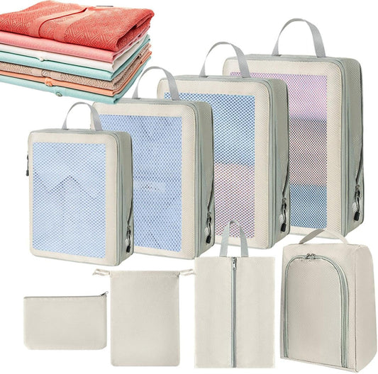 Packing Bags for Suitcase - Set of 8 Compression Packing Bags Waterproof for Suitcase - Zipper Closure Clothing Organization Bags for Closets, Suitcases, Attic