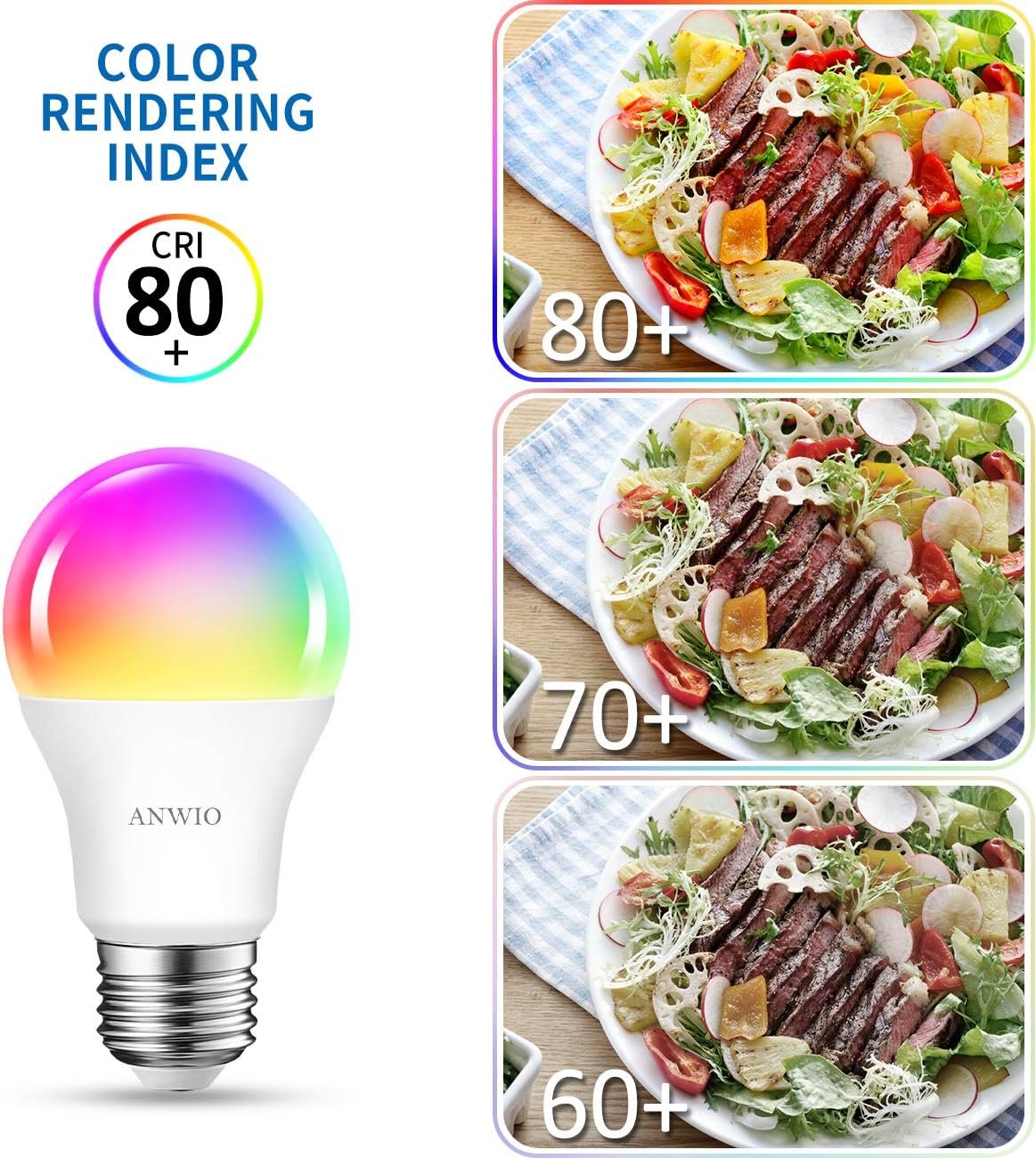 ANWIO Smart Light Bulb 2 Pack, A19 Smart LED, Work with Alexa, Google Light Bulbs, Smart Life Bulbs, Tuya App, Colour Changing Light Bulb, WiFi & Bluetooth No Hub Required，8.5W (60W Replacement)