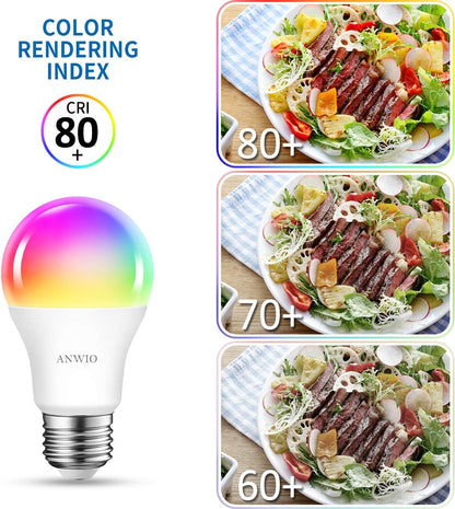 ANWIO Smart Light Bulb 2 Pack, A19 Smart LED, Work with Alexa, Google Light Bulbs, Smart Life Bulbs, Tuya App, Colour Changing Light Bulb, WiFi & Bluetooth No Hub Required，8.5W (60W Replacement)
