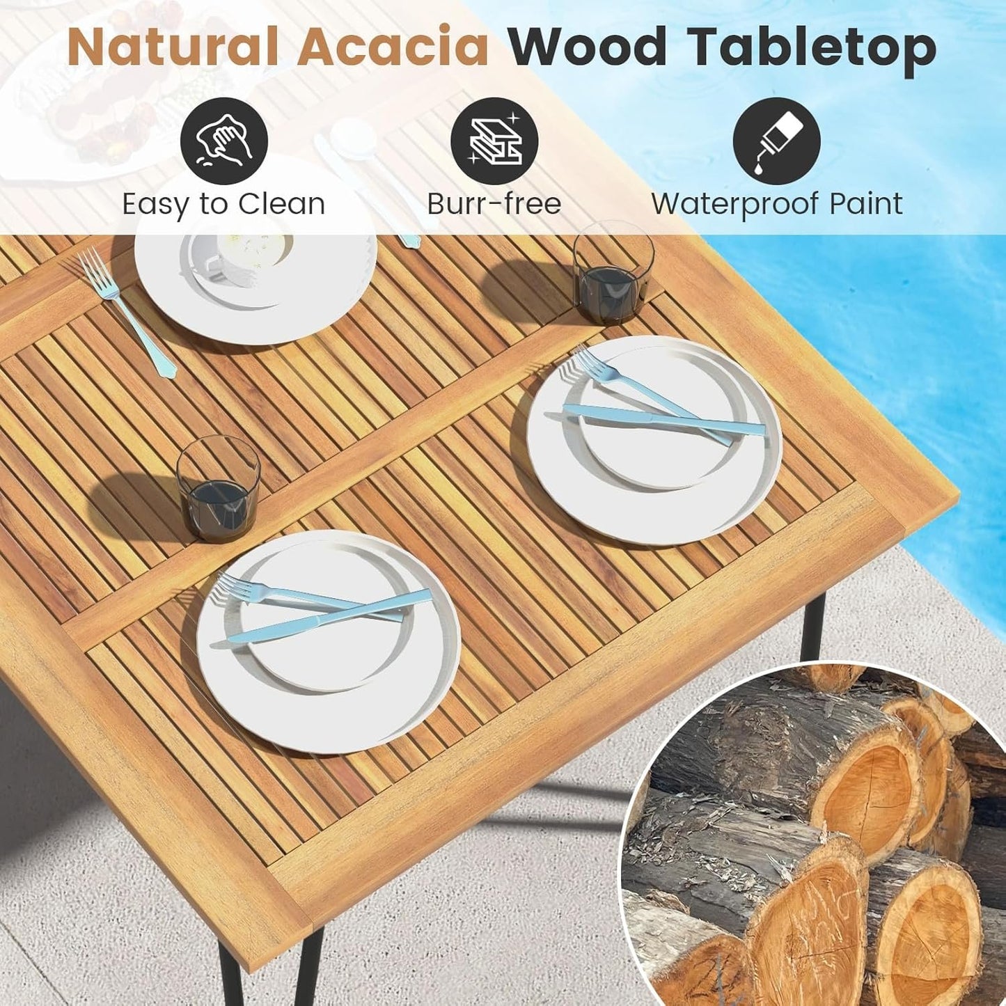 Tangkula 63-Inch Outdoor Dining Table, Patio Dining Table for 6 People w/Acacia Wood Tabletop & Metal Legs, Rectangular Wood Table w/Umbrella Hole for Patio, Yard, Garden & Deck