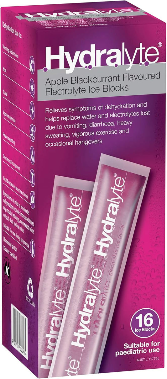 Hydralyte Electrolyte Ice Blocks Apple Blackcurrant Flavoured 16 Packs