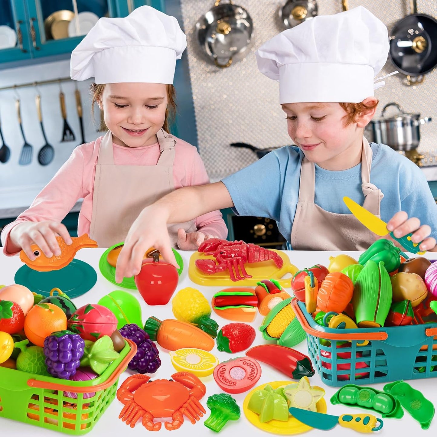 Play Food Set for Kids Kitchen- 100 Pcs Pretend Kitchen Food Toy for Toddlers, Cutting Fake Food/ Fruit/ Vegetable Accessories with Three Baskets, Birthday Gift 3 4 5 Years Old Boy Girl
