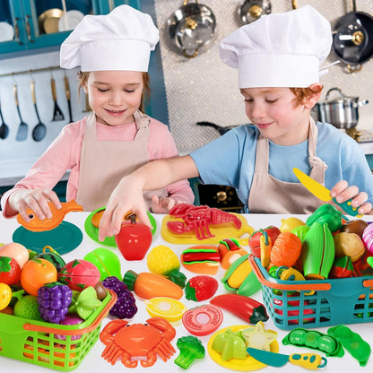 Play Food Set for Kids Kitchen- 100 Pcs Pretend Kitchen Food Toy for Toddlers, Cutting Fake Food/ Fruit/ Vegetable Accessories with Three Baskets, Birthday Gift 3 4 5 Years Old Boy Girl