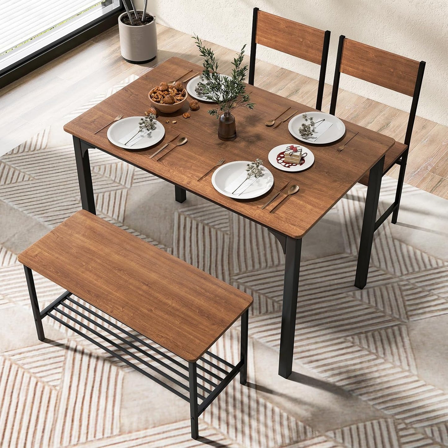 Giantex 4Pcs Dining Table Set, 1 Table & 1 Bench & 2 Chairs, Space-Saving Kitchen Set, Metal Frame & Storage Shelf, Industrial Desk Chair Set for Gathering Kitchen Dining Room Restaurant