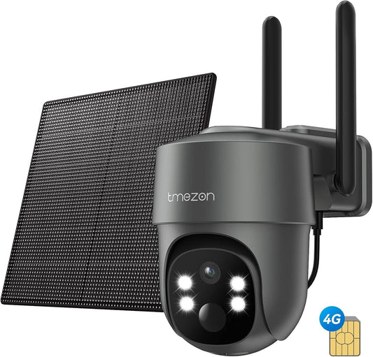 TMEZON 4G LTE Surveillance Security Camera Wireless Outdoor Solar Powered, 2K HD Color Night Vision, Pan Tilt 360Â°View Spotlight, 2-Way Talk, SIM Card & TF Card Included, PIR Motion with Solar Panel
