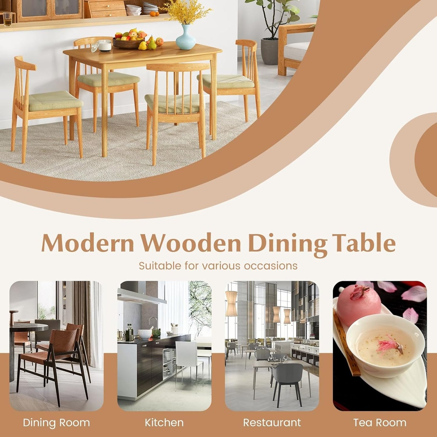 COSTWAY Dining Table, 48” Wooden Rectangular Kitchen Table with Solid Rubber Wood Legs, Spacious Tabletop, Modern Farmhouse Dinner Table for Kitchen, Dining Room, Restaurant