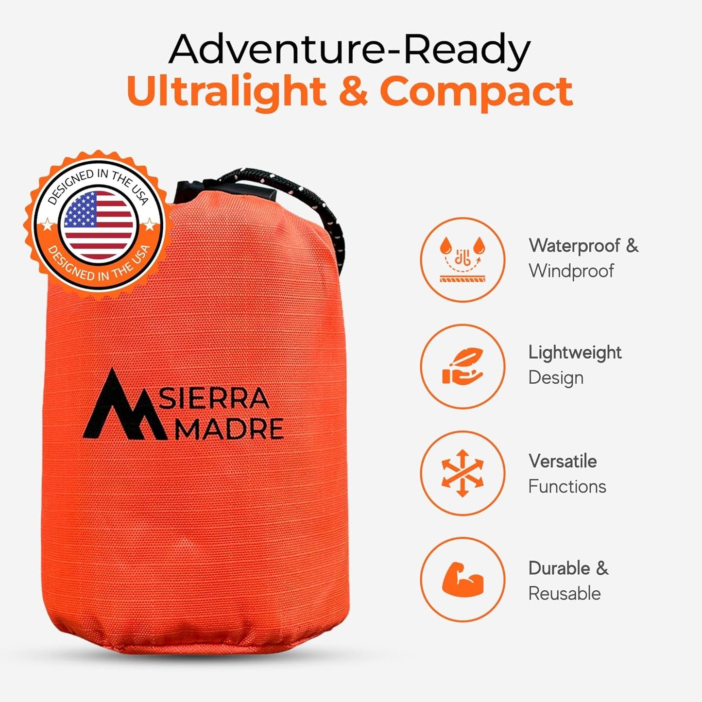 Sierra Madre Emergency Sleeping Bag – Ultralight, Waterproof Mylar Thermal Bivy Sack Tent for Hiking, Bug-Out Bags, Survival Kits – Emergency Survival Space Blanket for Heat Retention 5 Pack