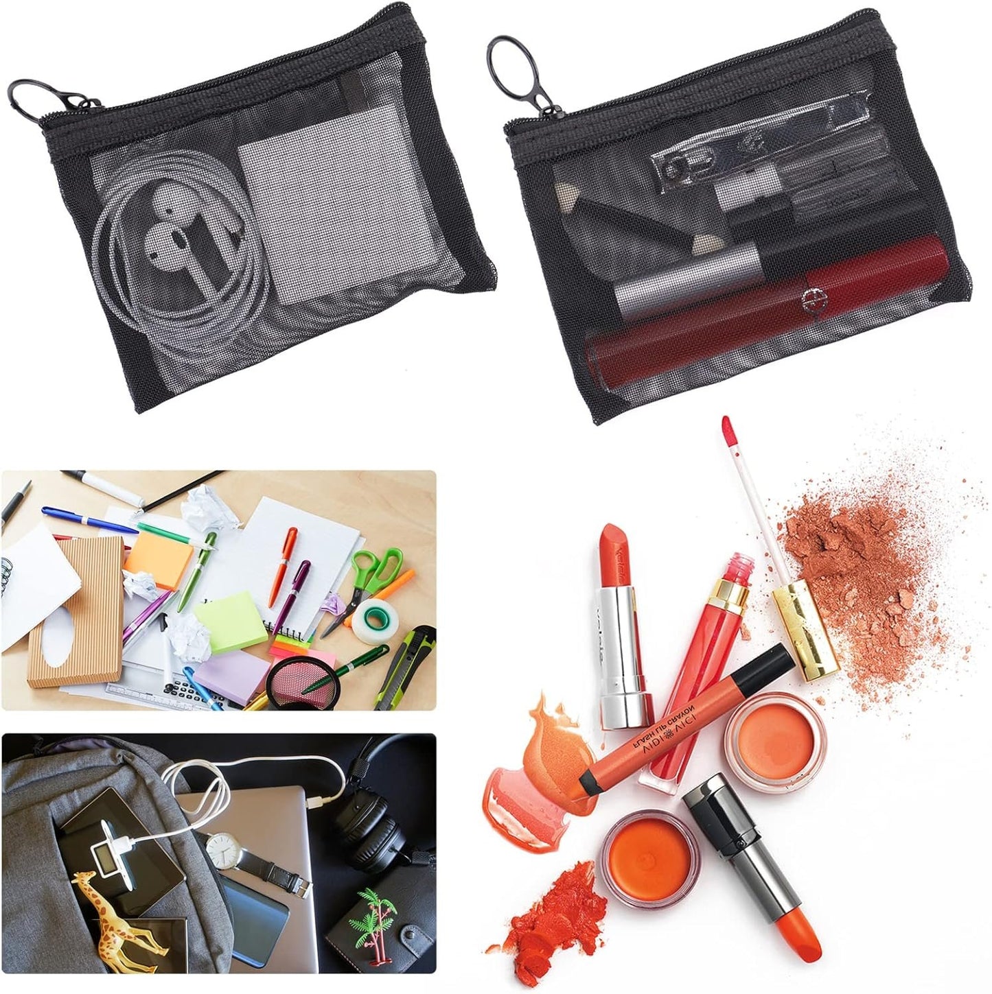 Sibba Mini Zipper Toiletry Bag Mesh Pouch10 Packs Nylon Waterproof Small Purse Cosmetic Stationery Case Storage Makeup Bags Offices Travel Organizer Accessories Kit Black