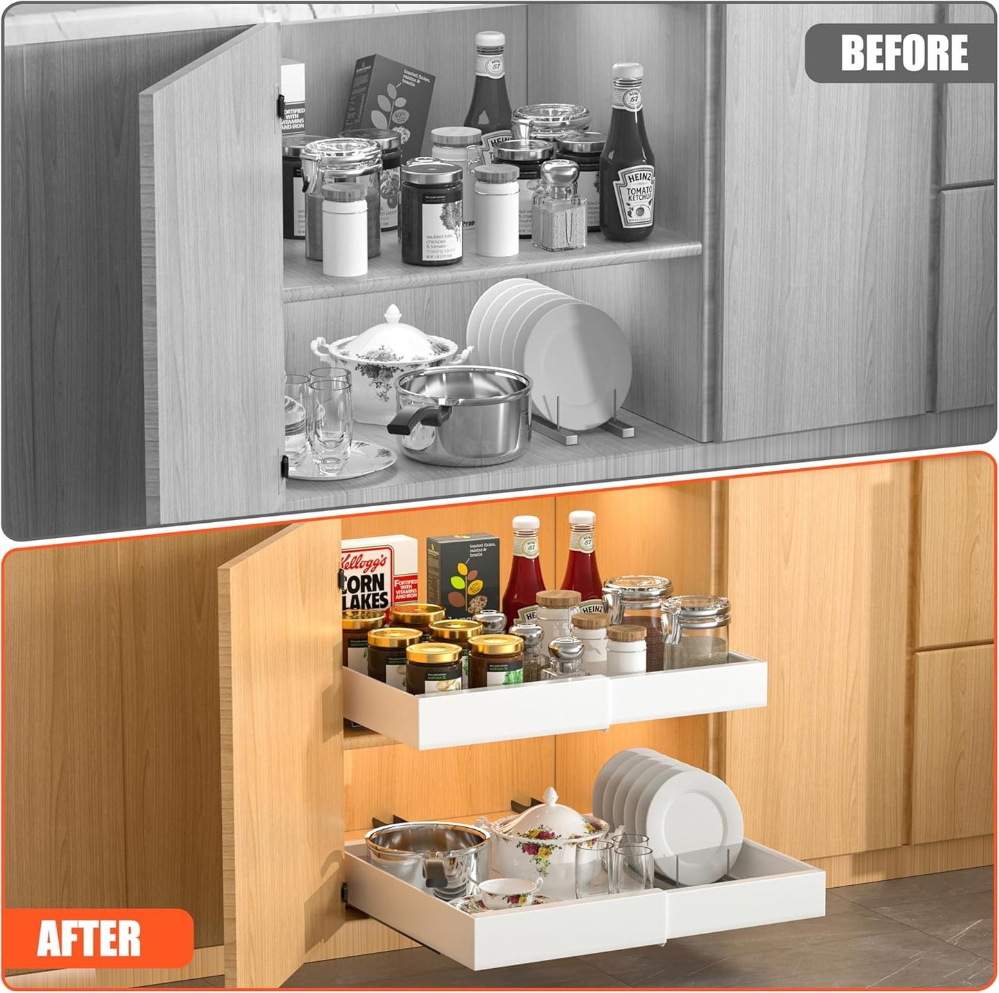 DEKAVA Pull Out Cabinet Organizer Expandable 1 pack, Adhesive with Nano Film, Pull Out Drawers for Cabinets in Kitchen, Pantry or Bathroom (White, 21"DEEP(1PACK))