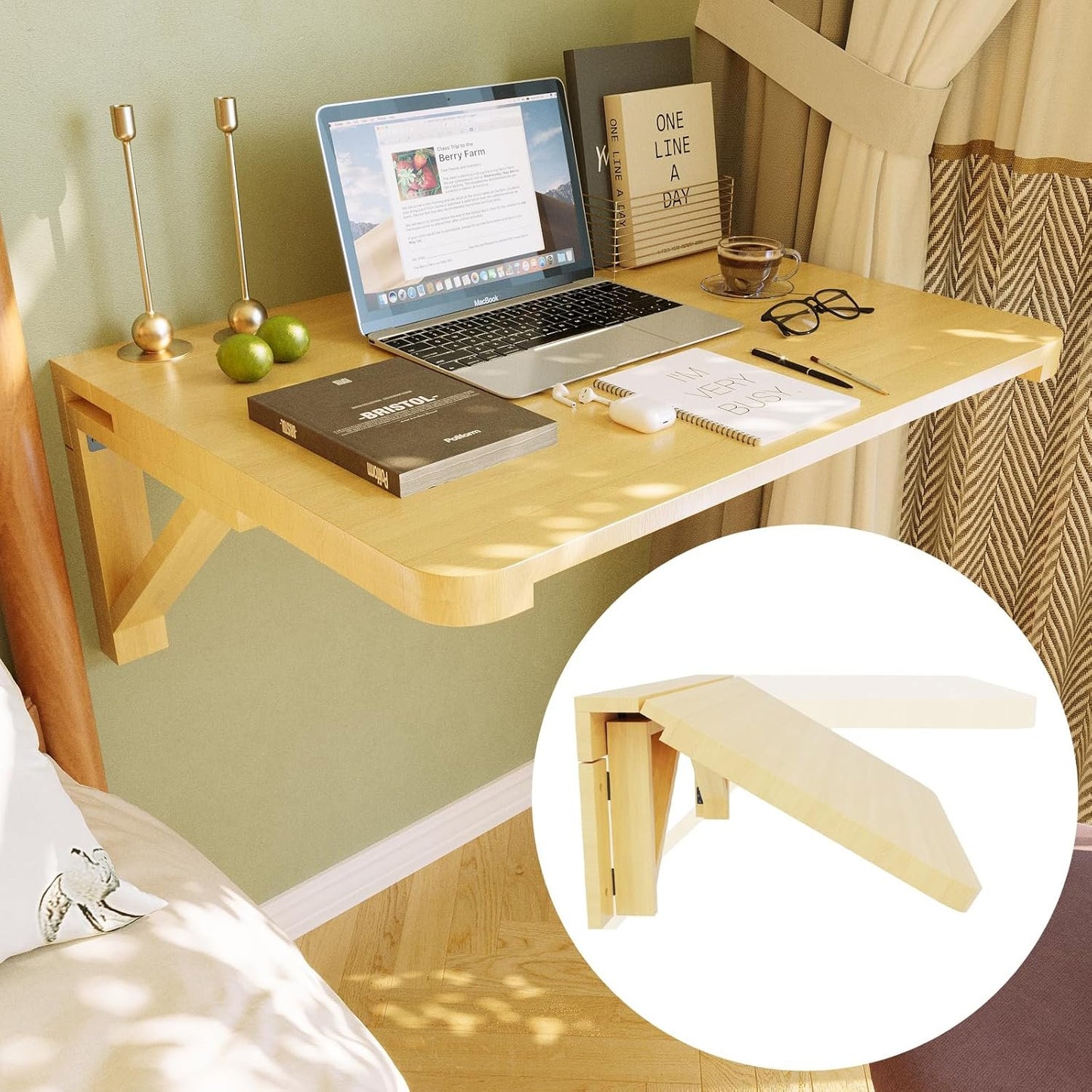 Barlezy Wall Mounted Folding Table, Floating Wall Mounted Desk, Solid Wood Wall Mounted Drop Leaf Tables for Dining, Office, Laundry Room (31.5" x 23.62" x 11.81")