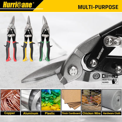 HURRICANE 3 pc Aviation Tin Snips Set, Metal Cutter Shear for Cut Sheet Metal, Chrome Vanadium Steel, Straight Left and Right, Ergonomical TyreGrip Handle with Hang Hole and Safety Latch