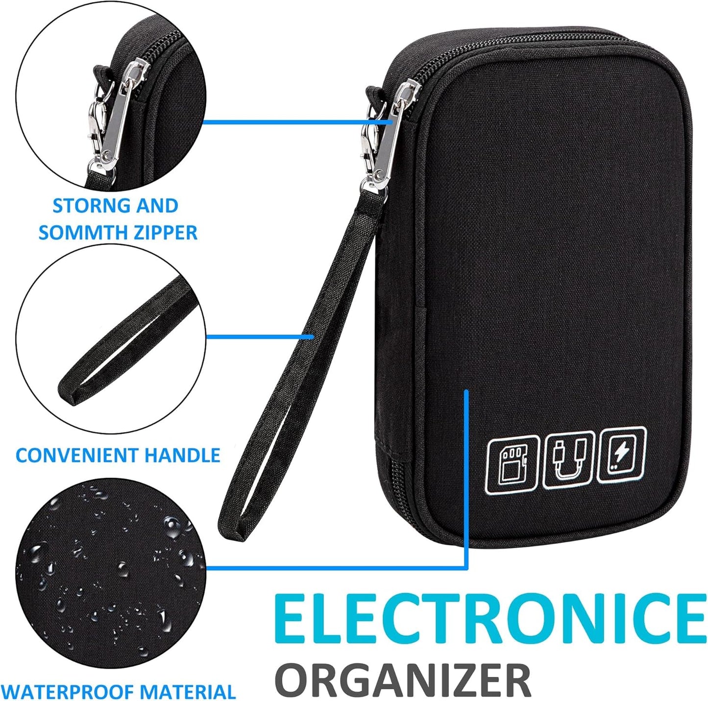 QIMEI-SHOP Electronic Accessories Bag Small Travel Case for Cables Organizer for Hard Drives Charging Cables USB Charger 18.5 x 11.5 x 2.5 cm, Black, Minimalist