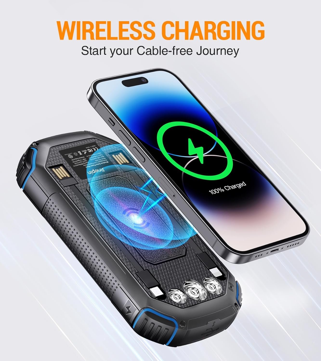 Wireless-36000mAh-Power Bank, Portable Battery Pack with 3 Built-in Cables, Waterproof Solar Charger 4 Outputs 3 Inputs, USB C 3 LED Flashlight, Solar Battery Bank for iPhone Tablet
