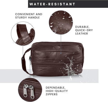Mens Toiletry Bag Shaving Dopp Case For Travel by Bayfield Bags (Brown) Men's Shower Bag For Bathroom Hygiene (11x6x5). Holds Beard Trim Kit Accessories and Body Shavers.