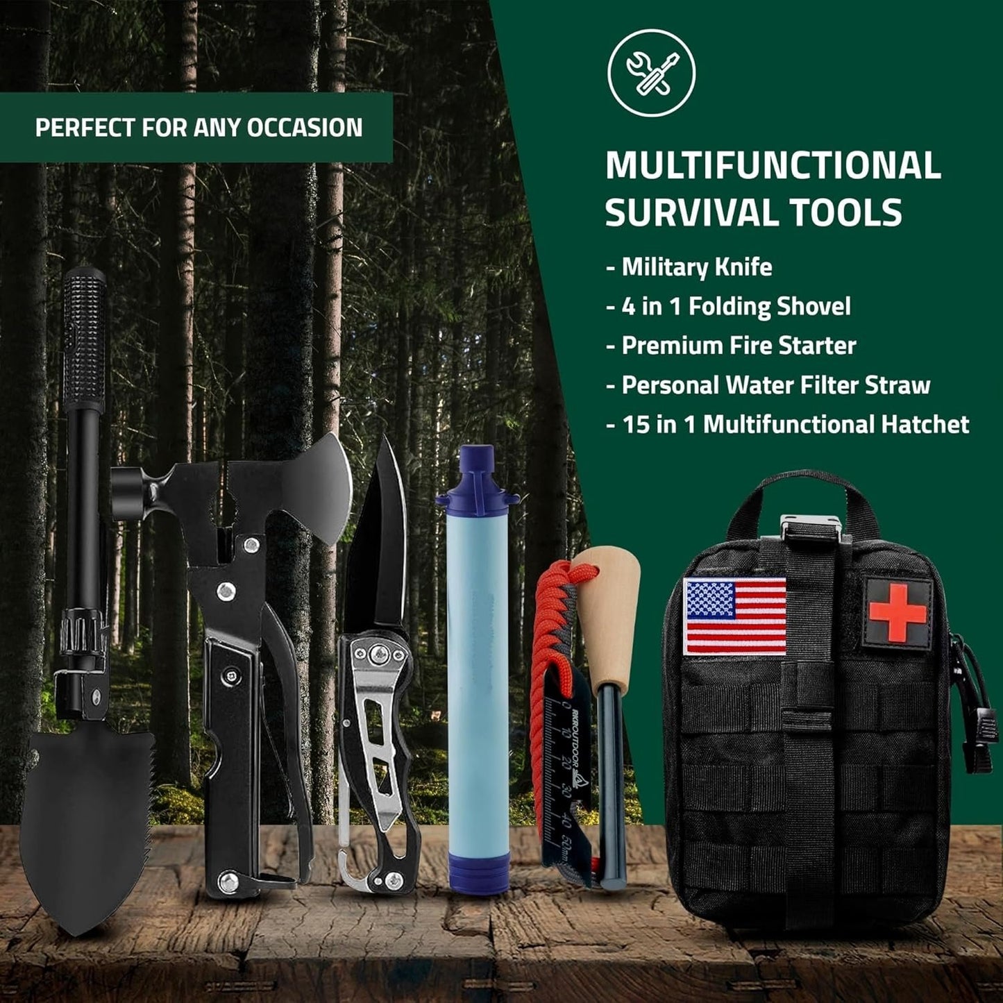 Emergency Survival Kit and First Aid Kit for Outdoor, Professional Outdoor Tools for Camping, Outdoor, Adventure, Hiking and Hunting, Survival Gear with Molle System