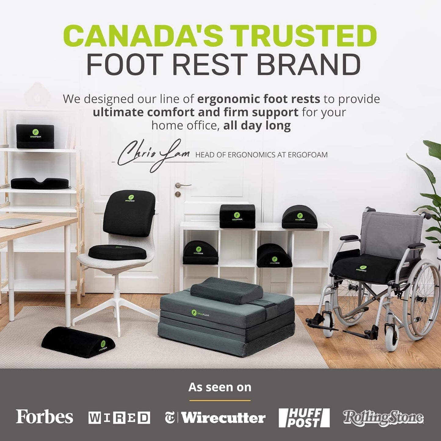 ErgoFoam Adjustable Foot Rest Under Desk for Added Height | Large Premium Velvet Soft Foam Footrest for Desk | Most Comfortable Desk Foot Rest in The World for Back, Lumbar, Knee Pain (Black)