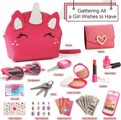 Toddler Purse for Little Girls 3-5 with Pretend Makeup Kit | Unicorn Kids Purse Accessories Play Fake Make up Set | Birthday Gifts for 4-6 Year Old Princess Toys