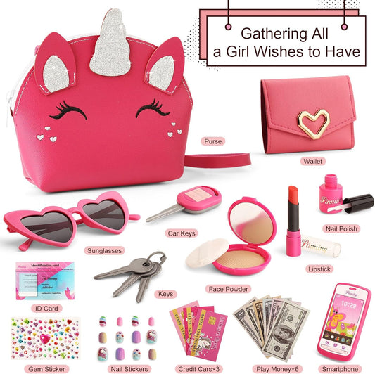 Toddler Purse for Little Girls 3-5 with Pretend Makeup Kit | Unicorn Kids Purse Accessories Play Fake Make up Set | Birthday Gifts for 4-6 Year Old Princess Toys