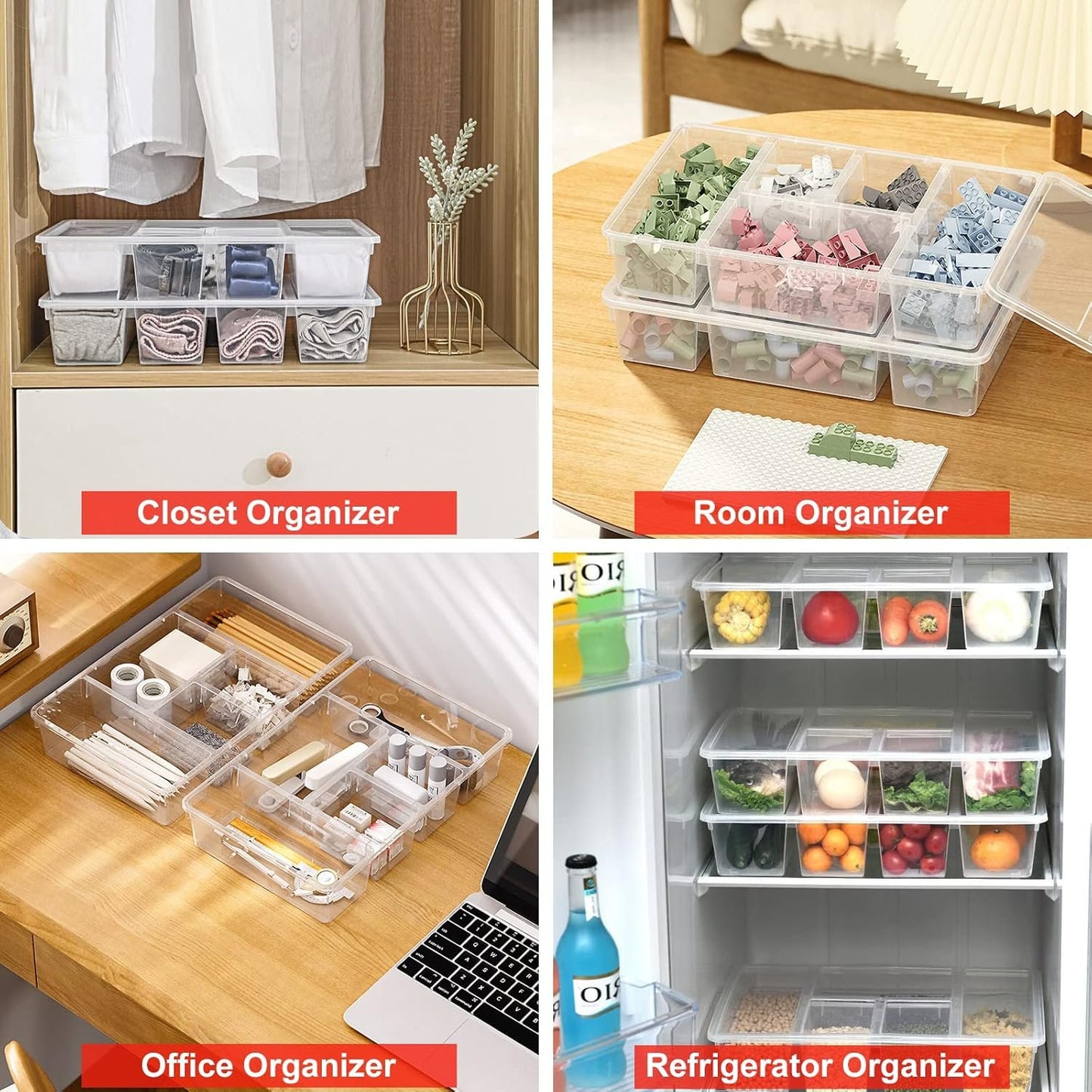 Taiuloo 2 Pack Divided Veggie Tray with Lid, 5 Compartment Snackle Box Container, Clear Salad Bar Fridge Organizer, Plastic Food Storage Containers for Snack, Fruit, Vegetable, Meal Prep