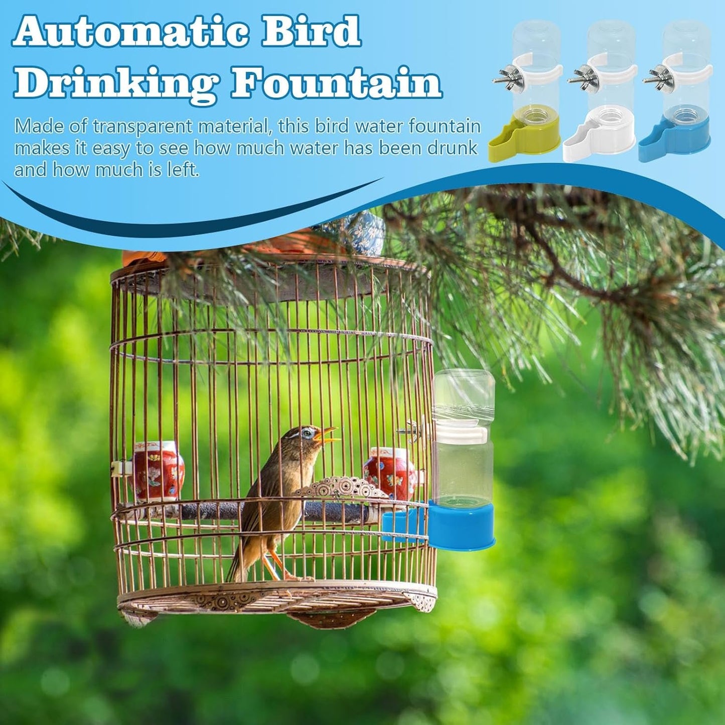 BELEFU Automatic Bird Water Dispenser, 4.7 Oz Plastic Suspended Bird Waterer, No Mess Parakeet Water Feeder for Cage Feeding Parrot Cockatiel Budgie (White, Green, Blue)