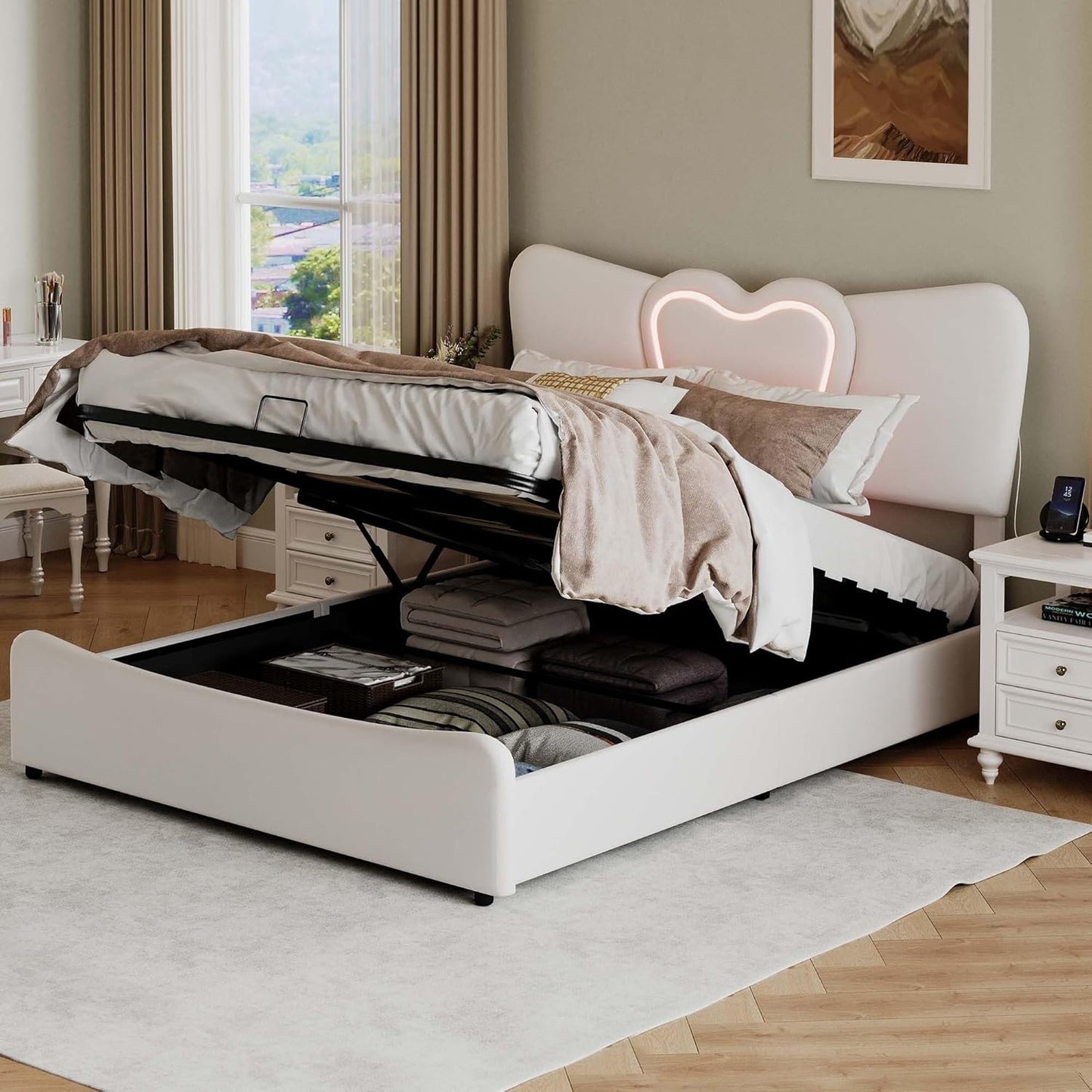 Upholstered Bed 140 x 200 cm with Cassette, LED Heart Headboard and USB Charging Function, Double Bed with Hydraulic Space, Slatted Frame, Beige, Velvet, Without